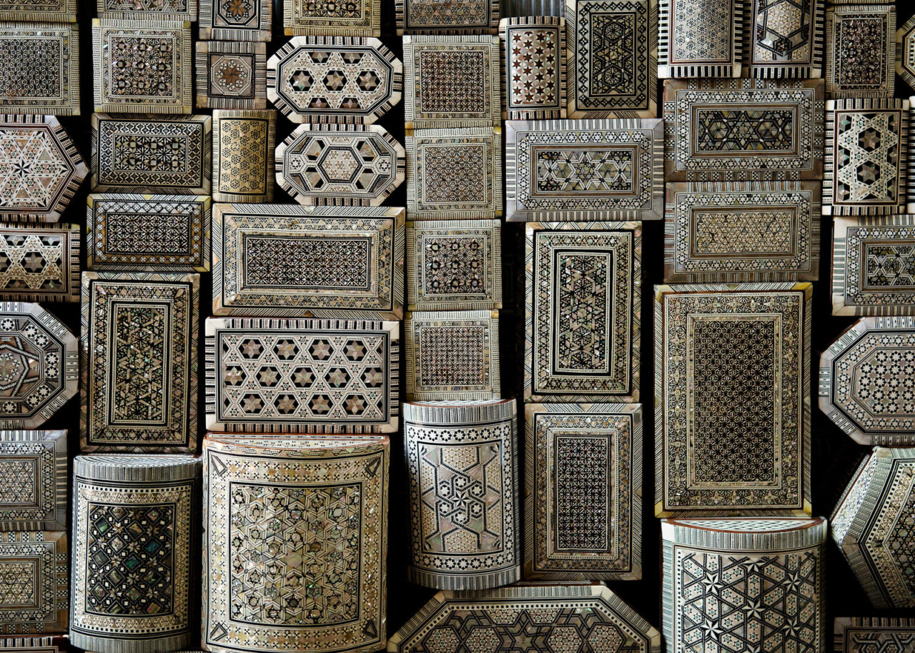 decorated souvenir boxes in cairo egypt souk market