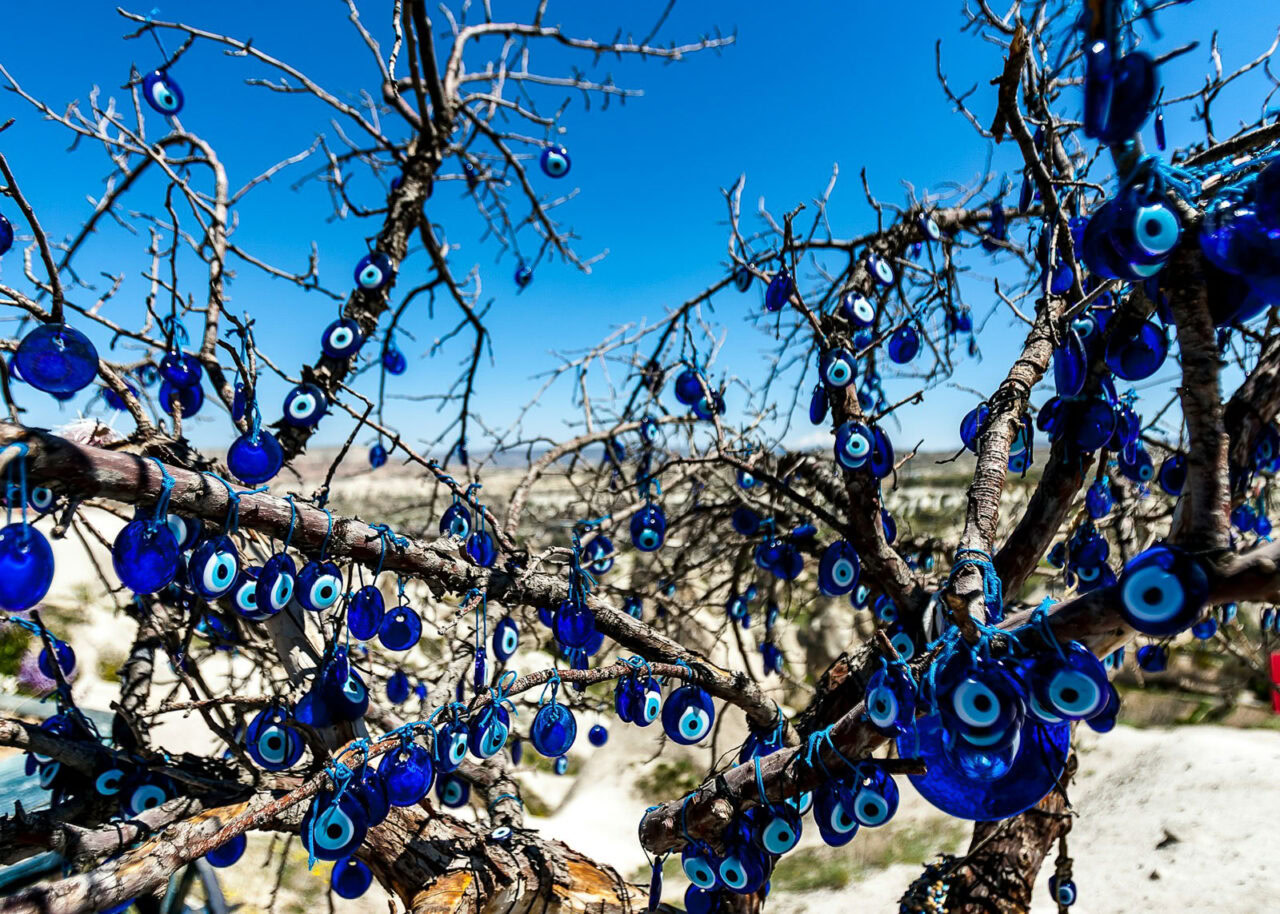 Evil eyes hanging from a tree in Cappadocia