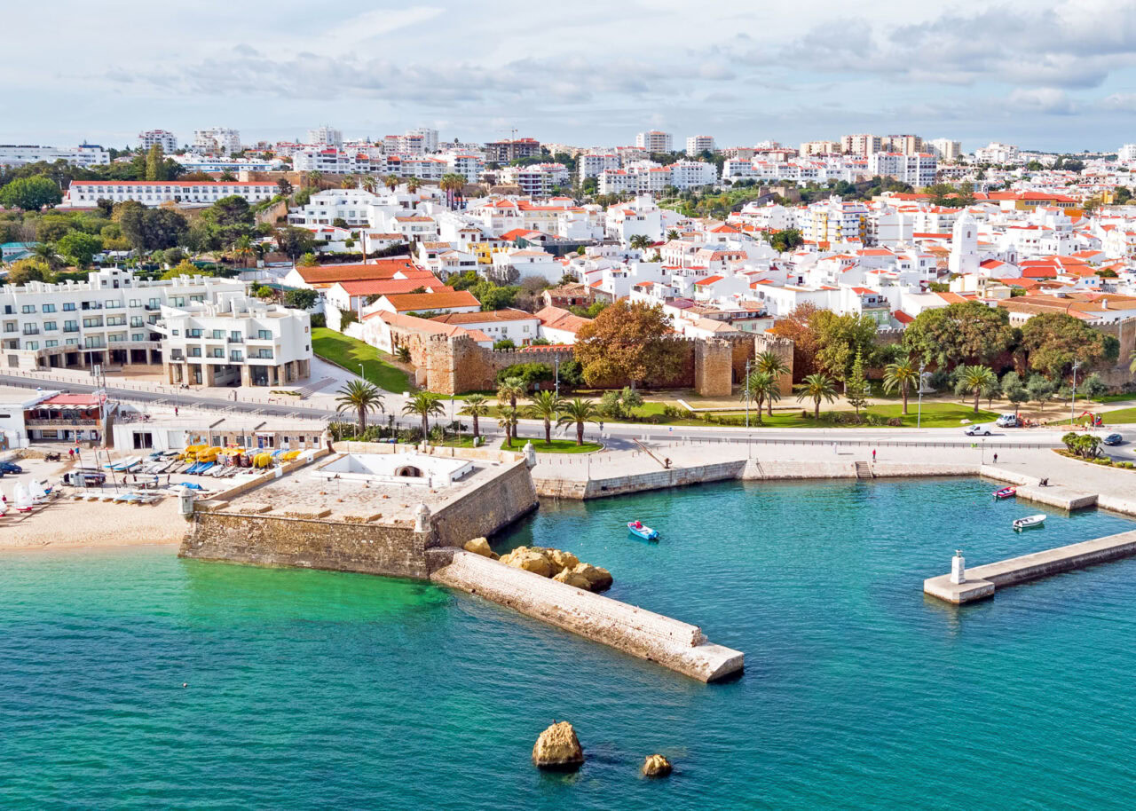 Fort Ponta da Banderia and the town of Lagos, Portugal seen from above 