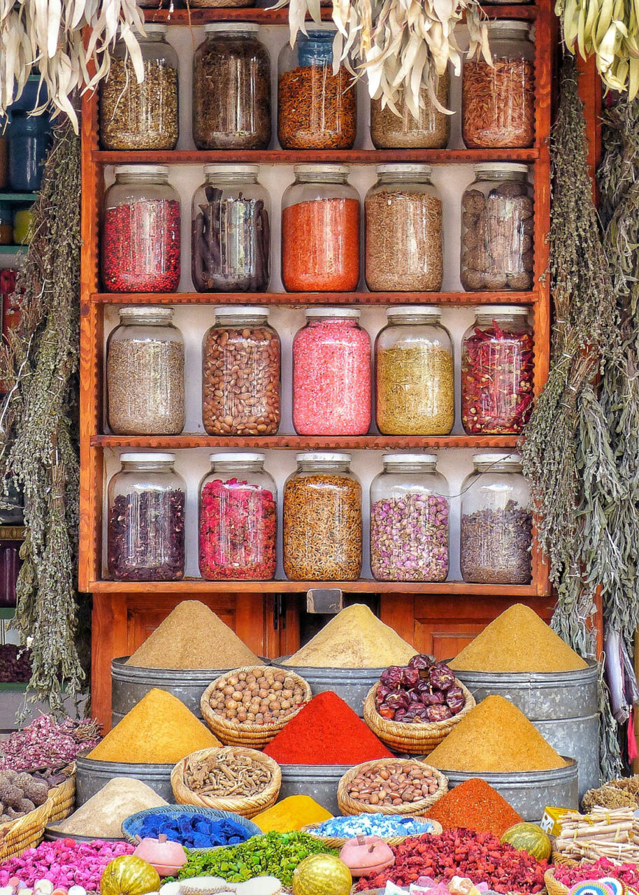 Herbs and spices for sale in a Moroccan souk