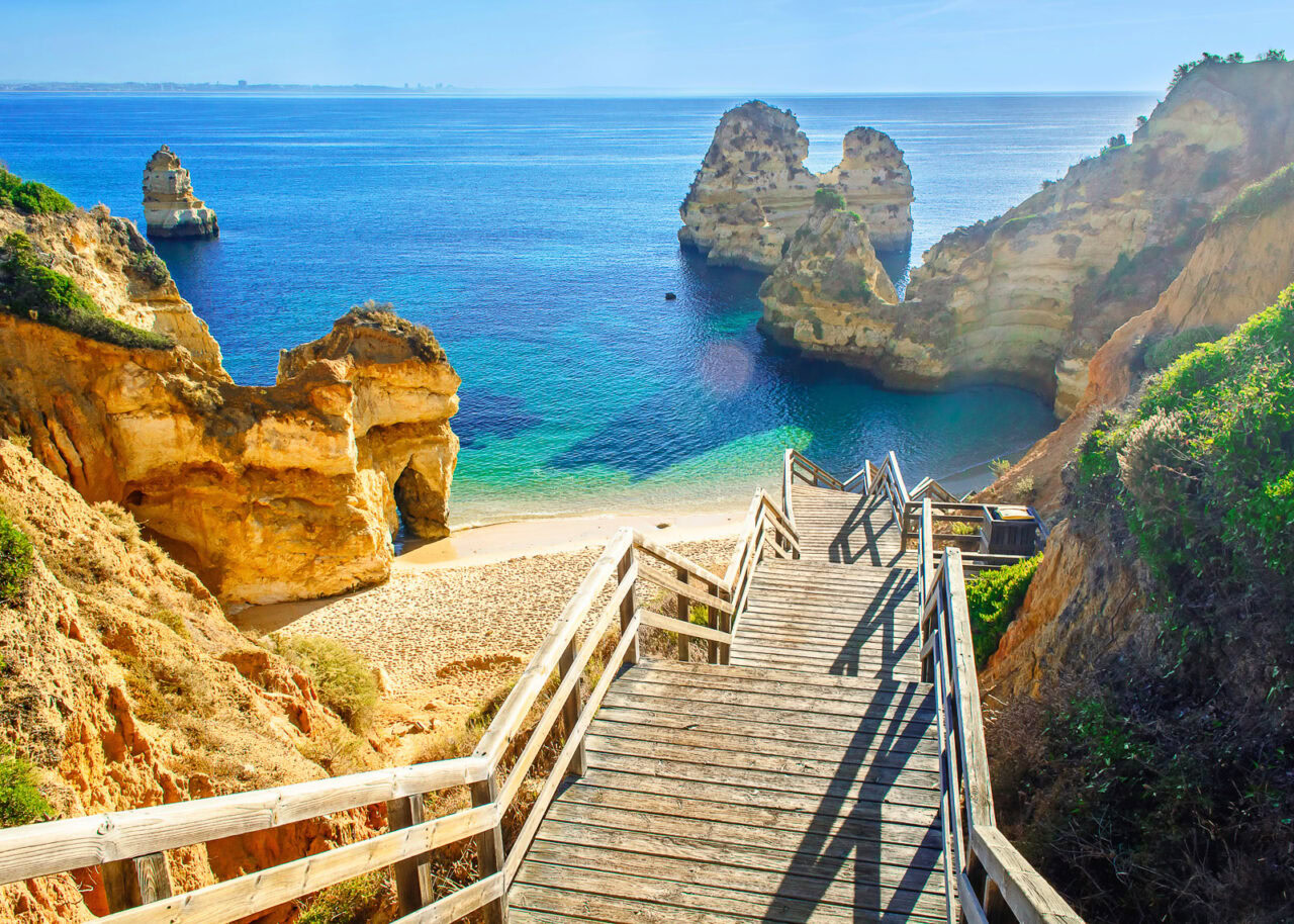 Wooden walkway to Praia do Camilo in Lagos, Portugal