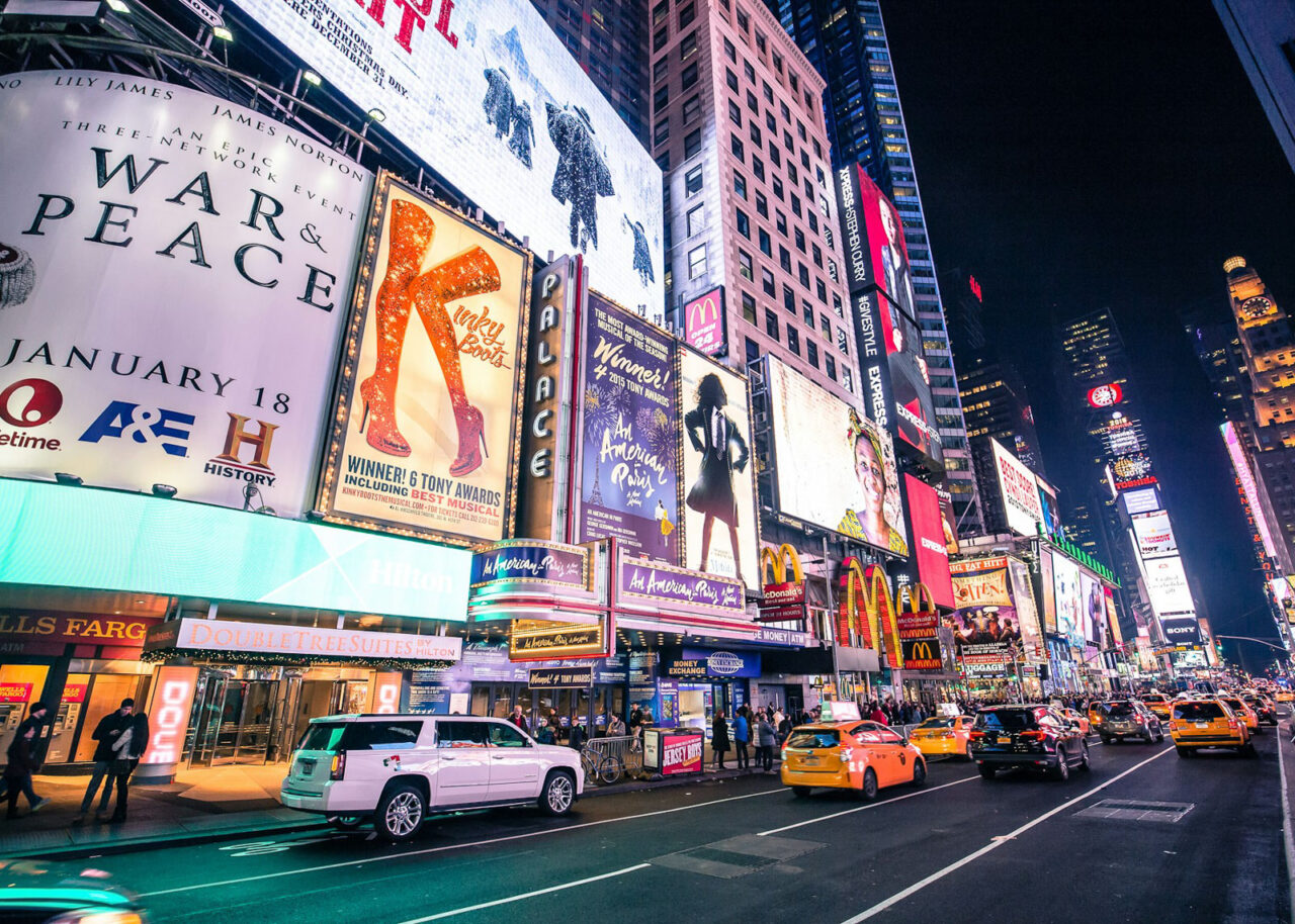 Billboards on Broadway in NYC at night
