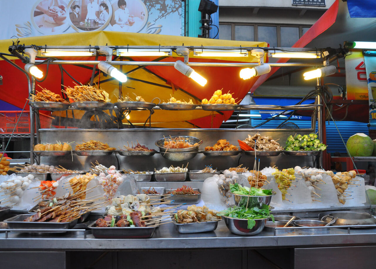 Food stand with skewers in Kuala Lumpur