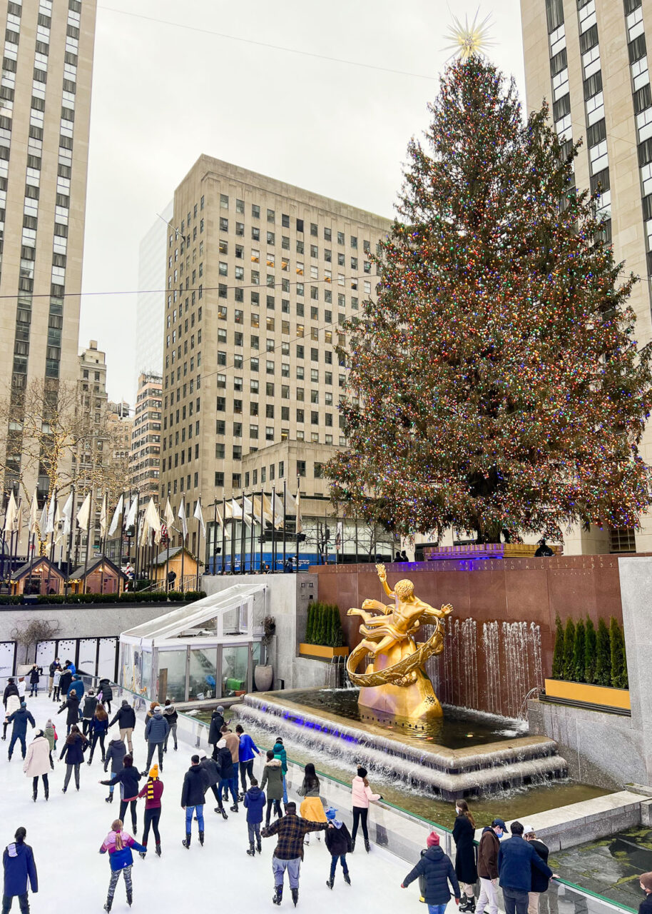 Rockefeller Christmas tree with ice rink in the foreground