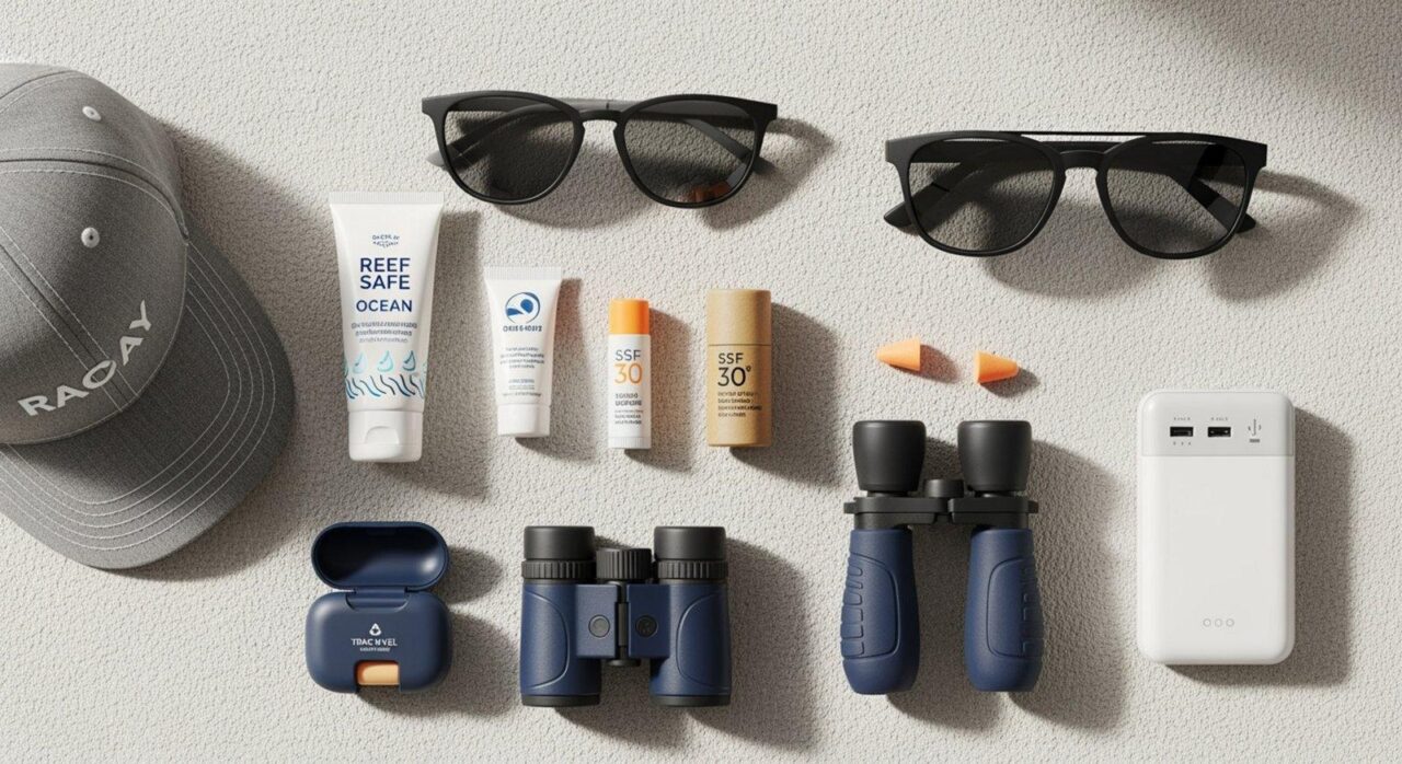 Sunglasses, sunscreen and binoculars laid out on a white background