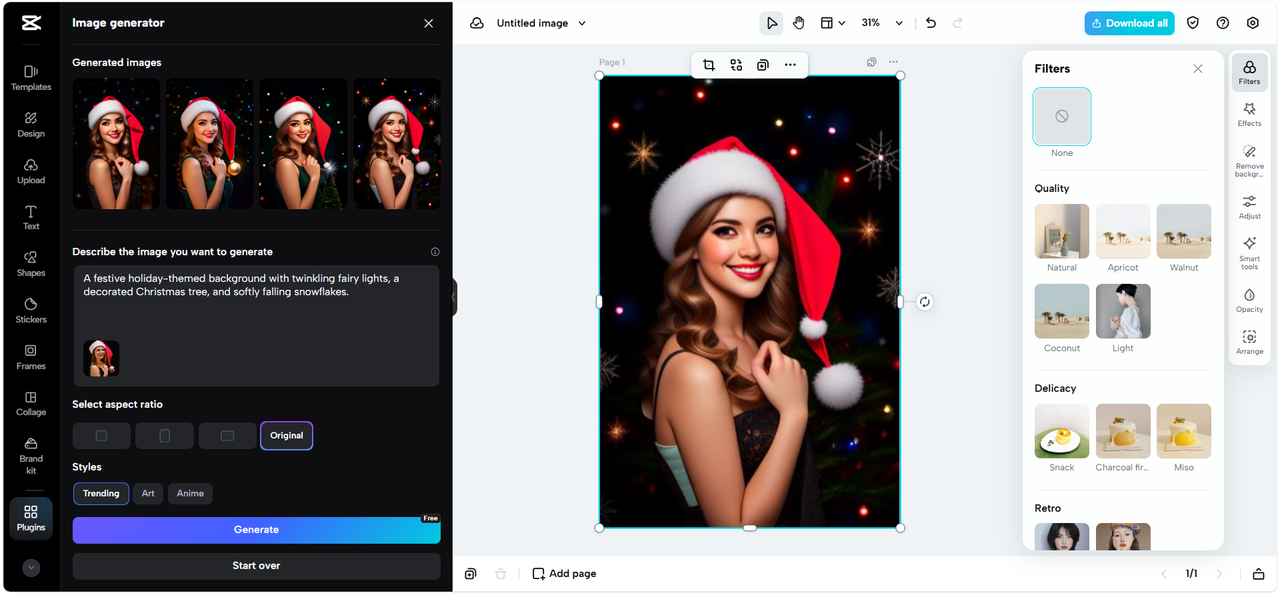Photo editing screenshot of a girl in a Santa hat