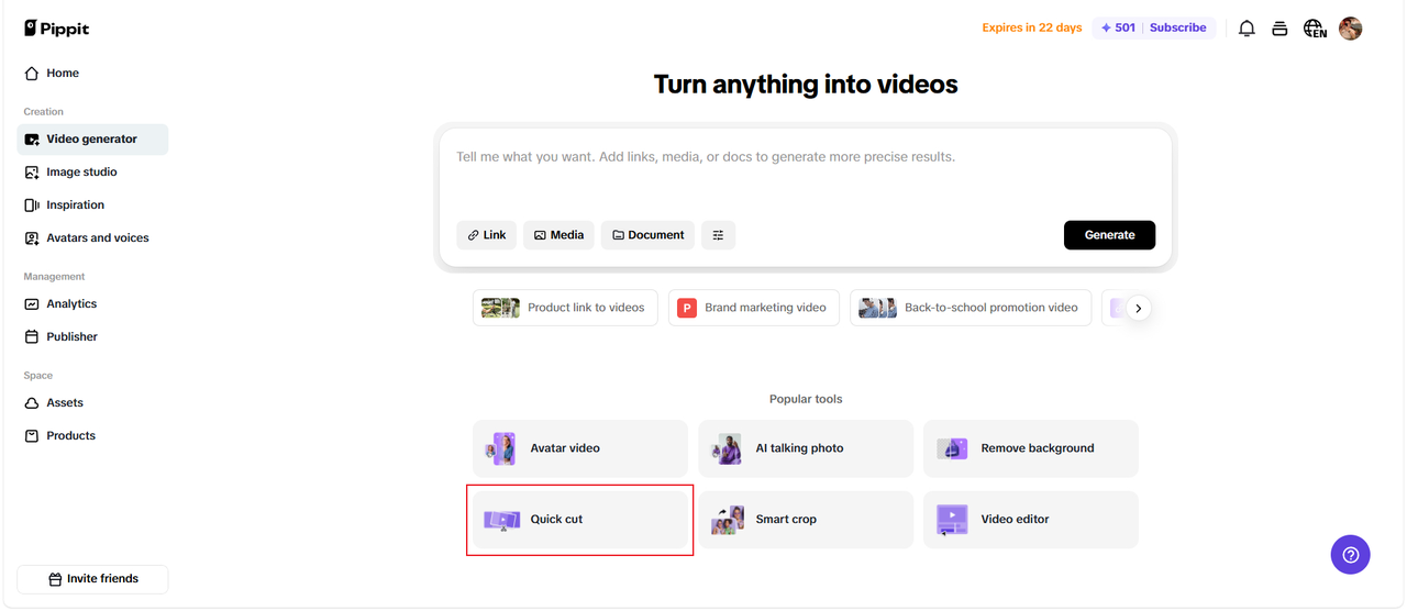 Pippit screenshot turn anything into videos