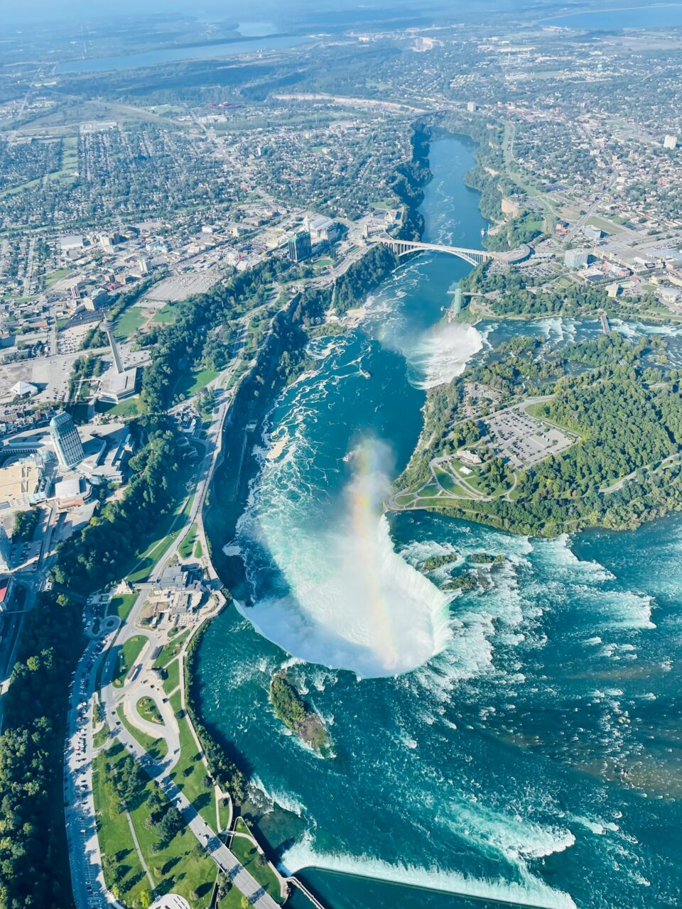 Aerial view of Niagara Falls and surrounding area