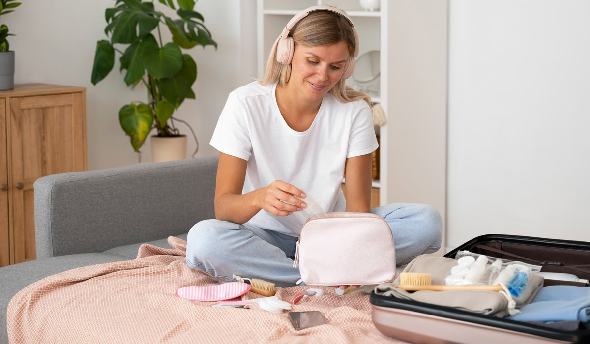 Woman packing toiletry bag for travel